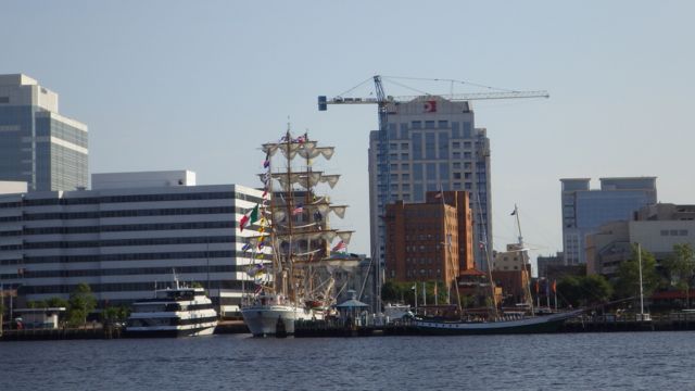 8.44am old mast ship in harbor 5-24-15
