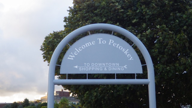 7.11 am Welcome to Petoskey sign at the end of the dock 8-21-15